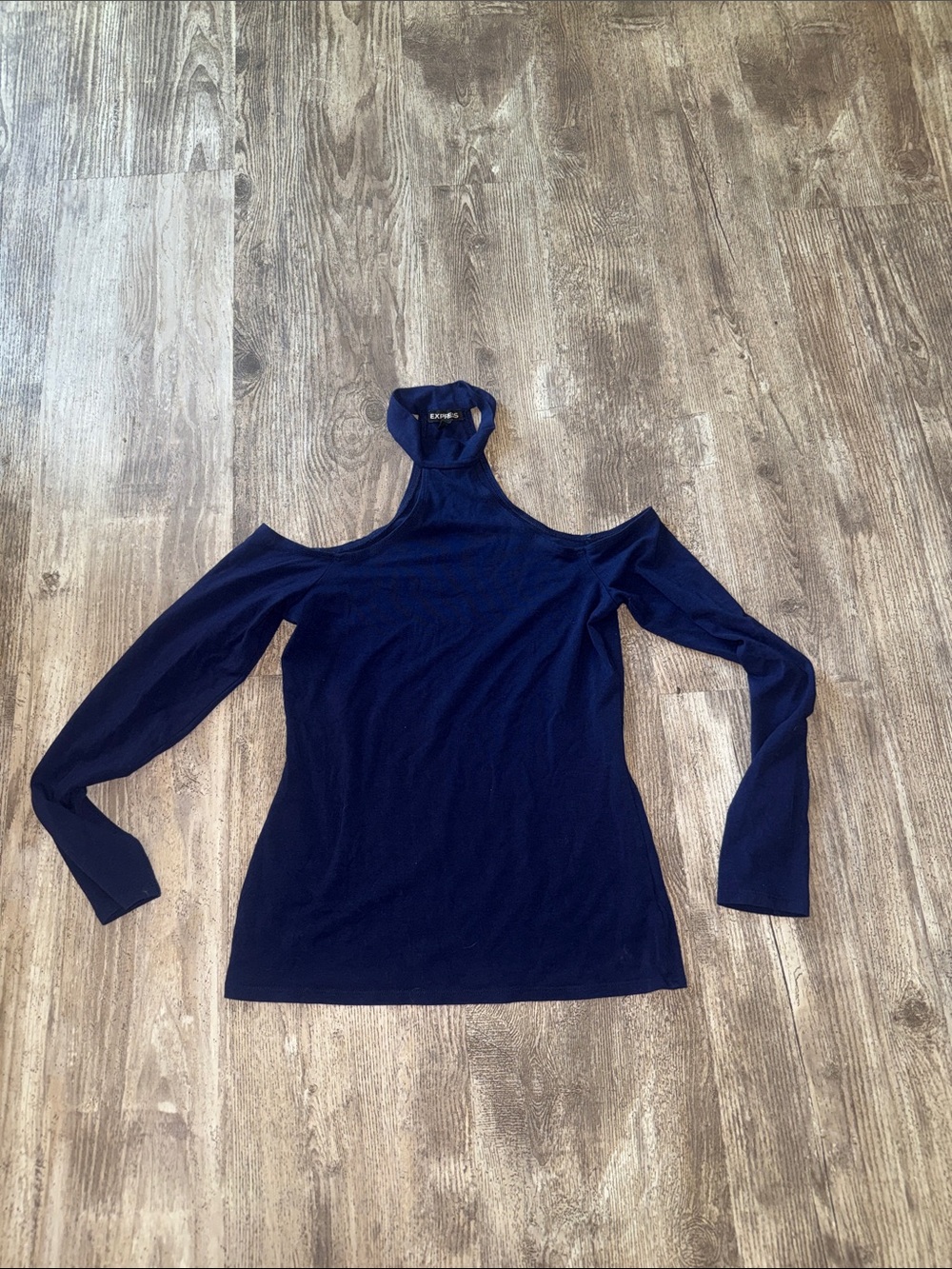 Express Navy Cold-Shoulder Mock Neck Long Sleeve Top